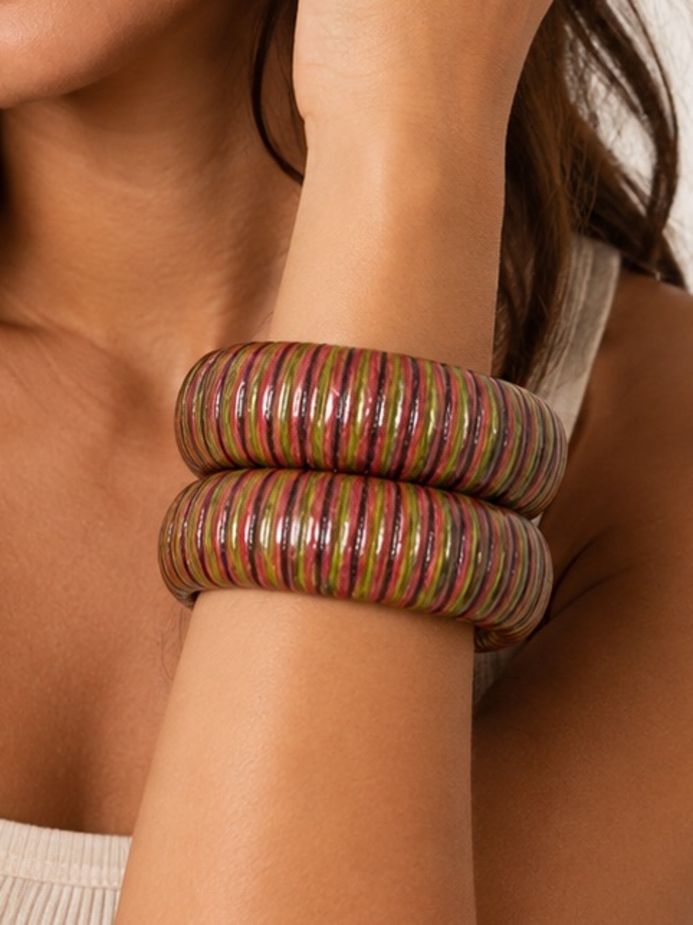 🌺 Boho Multicolor Thread Wrapped Chunky Bangle Bracelets Set of 2